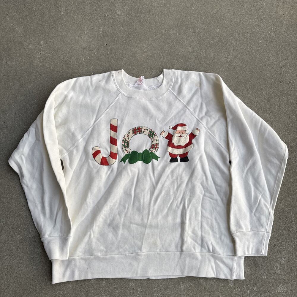 Vintage Joy Christmas Pullover Crewneck Puff Print Santa Claus White Size Large